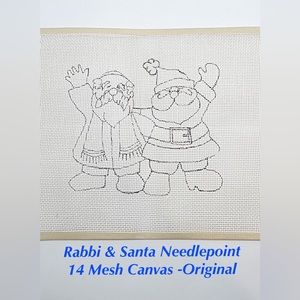 Santa Claus & Rabbi Original Art Needlepoint, 14 Mesh, NWT, 12” x 81/2” Piece
